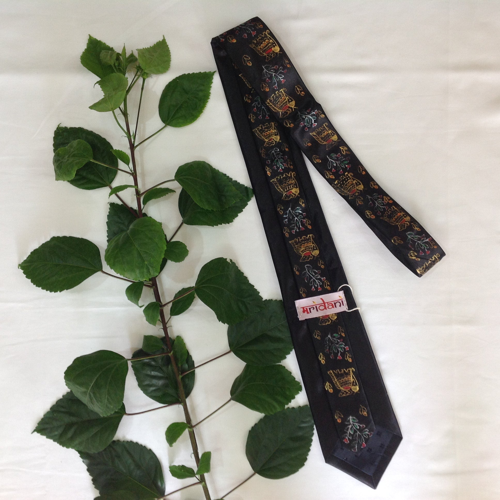 Handpainted Madhubani Silk Tie – Black with Elephant & Floral Motifs